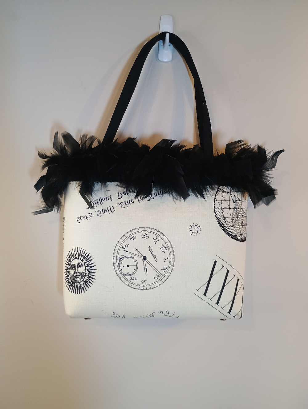 Steampunk 90's Y2k Gothic Black & Ivory Feather Trim Tote Bag - Picture 6 of 10